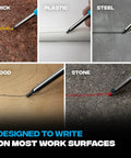 Mechanical Carpenter Pencil Set Built Tough For Construction Pros with Belt Clip Sharpener and Holder marking various surfaces like brick, plastic, steel, wood, and stone.