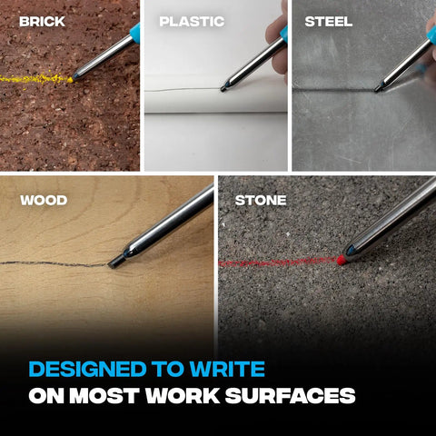 Mechanical Carpenter Pencil Set Built Tough For Construction Pros with Belt Clip Sharpener and Holder marking various surfaces like brick, plastic, steel, wood, and stone.