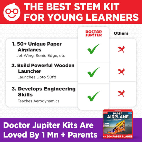 Comparison of Doctor Jupiter DIY Paper Airplane Craft Kit With Launcher, 50 Planes In 5 Designs, STEM Fun For Kids Ages 6 Plus