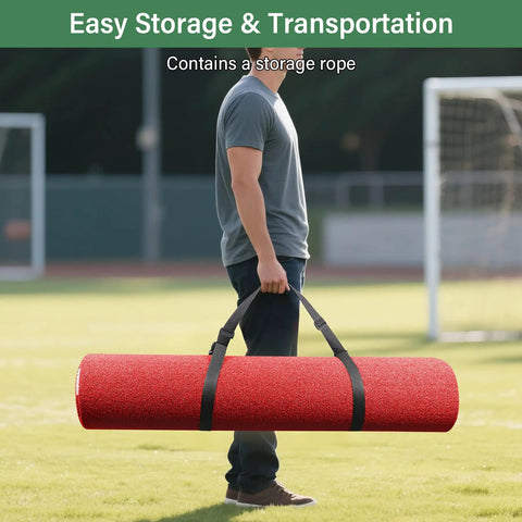Man carrying Pro Grade Batting Mat For Baseball Hitting Practice 9.8 Feet By 3.8 Feet Batting Cage Mat with red surface.