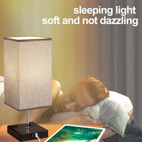 Two Pack Modern Table Lamps With 3 Way Dimmable Touch Control, Dual USB Ports And AC Outlets, Grey Fabric Shade, bedside