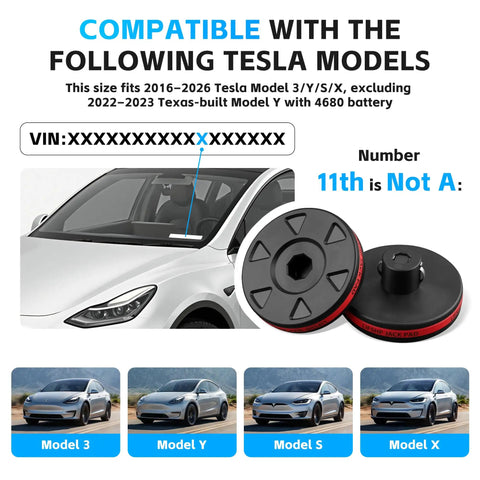 Compatibility guide for Tesla Lift Pad Set For Model 3 Y S X 2013 2026 with vehicle VIN example and lift pad shown.
