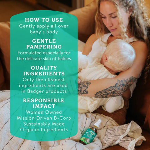 Mother holding baby with Organic Baby Oil With 5 Simple Ingredients To Soften Dry Skin And Cradle Cap, Kid Safe And Mom Approved bottle nearby.