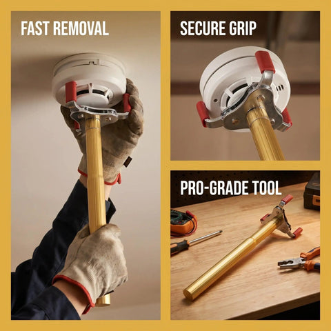 Ladder Free Smoke Sensor Assembly Removal Tool With A Rock Solid Aluminum Jaw And Extended Reach For High Ceiling Fire Alarm Extraction Drop Your Ladder Today in use for quick smoke detector removal.