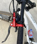 Red WIROJ hydraulic disc brake lever, left-front mounted on MTB handlebar with black grip and hose