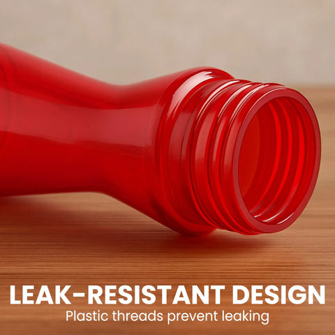 Close-up of red hummingbird feeder pinch waist design showing plastic threads, leak-resistant, 8 ounce capacity outdoor use