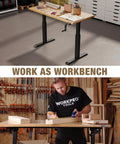 Beefy Adjustable Standing Workbench With Crank Handle 300 Lb Load 47.2 By 23.6 Inch Rubber Wood Top Height Adjustable From 28.74 To 47.24 Inches For Garage And Shop Tasks in use