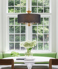 Alondra 20 Inch Modern Drum Gold Chandelier With Large Black Linen Shade 3 Light Modern Farmhouse Hanging Pendant Ceiling Light In Warm Brass Finish For Living Room Kitchen Island hanging in dining area