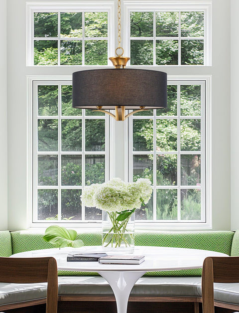 Alondra 20 Inch Modern Drum Gold Chandelier With Large Black Linen Shade 3 Light Modern Farmhouse Hanging Pendant Ceiling Light In Warm Brass Finish For Living Room Kitchen Island hanging in dining area