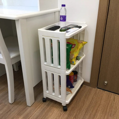 White rolling storage cart with wheels, slim 3 tier narrow mobile shelving unit, space saver for kitchen and bathroom