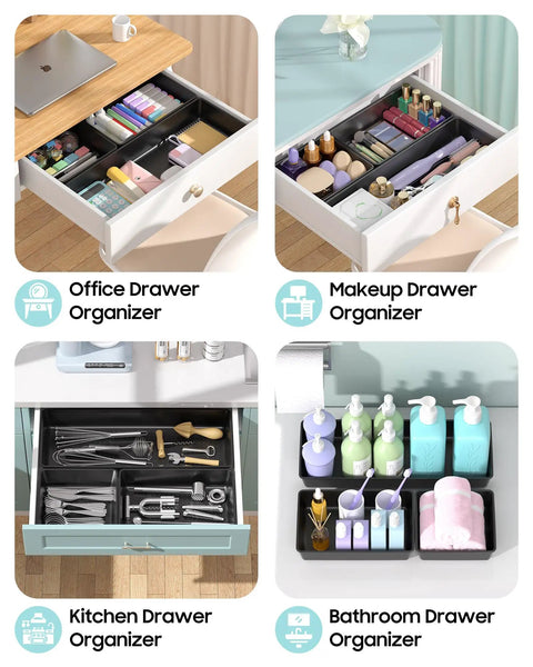 Ten Pack Large Plastic Drawer Organizer Set With Extra Large Large And Medium Trays For Desk Vanity Makeup Bathroom Kitchen Utensils And Office Black Keeps Every Drawer Neat Tidy And Easy To Access