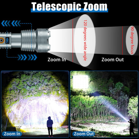 Beastly Bright 200000 Lumen Rechargeable LED Flashlight With LCD Display 5 Modes showing telescopic zoom feature in outdoor use