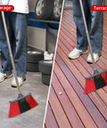 Heavy Duty Long Handle Outdoor Broom 62 Inch For Tough Yard Work And Garage Cleanup Hard Bristle Sweep Brush in use on garage floor and terrace.