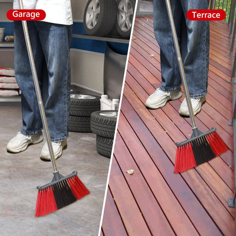Heavy Duty Long Handle Outdoor Broom 62 Inch For Tough Yard Work And Garage Cleanup Hard Bristle Sweep Brush in use on garage floor and terrace.