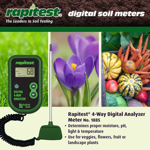 4 Way Digital Soil Analyzer For pH And Moisture Temperature And Light With Easy Readouts And Corded Probe Great For Home Gardeners On The Go Designed And Engineered In The USA next to garden produce and flowers.