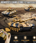 2.4G Remote Control Battle Tank With Sound Effects Lights And Smoke on desert terrain with remote and batteries shown