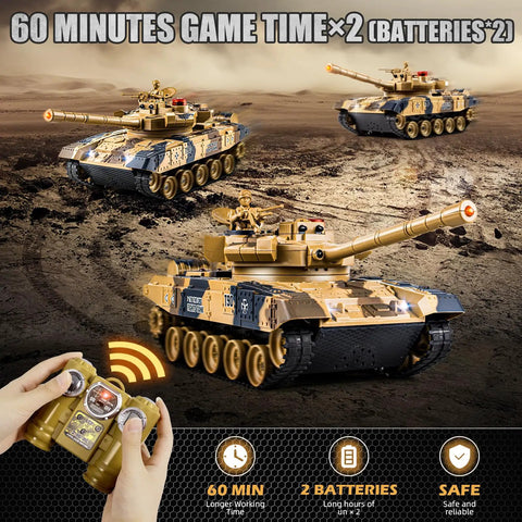 2.4G Remote Control Battle Tank With Sound Effects Lights And Smoke on desert terrain with remote and batteries shown