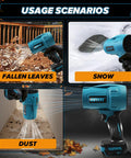 Image of Compact Dope Jet Dry Blower Turbofan For Makita 18V Battery Cordless Handheld Brushless Leaf Blower 240 MPH High Speed Air Duster in different scenarios: blowing leaves, snow, and dust.