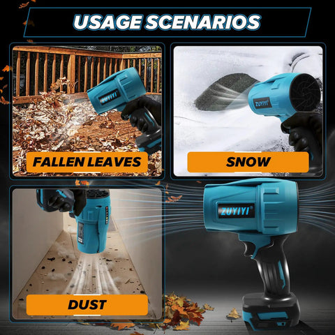 Image of Compact Dope Jet Dry Blower Turbofan For Makita 18V Battery Cordless Handheld Brushless Leaf Blower 240 MPH High Speed Air Duster in different scenarios: blowing leaves, snow, and dust.