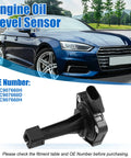 Engine Oil Level Sensor For Audi A4 A5 A6 A7 Q5 Q7 S4 V6 Quattro Sending Unit Replacement 03C907660H next to a blue Audi car