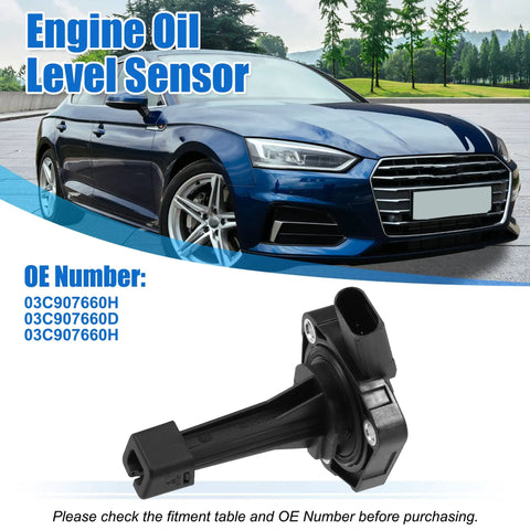 Engine Oil Level Sensor For Audi A4 A5 A6 A7 Q5 Q7 S4 V6 Quattro Sending Unit Replacement 03C907660H next to a blue Audi car