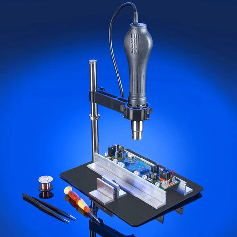 Magnetic Hands Free Circuit Board Holder With Telescopic Hot Air Gun Bracket for precise soldering and desoldering, L brackets visible