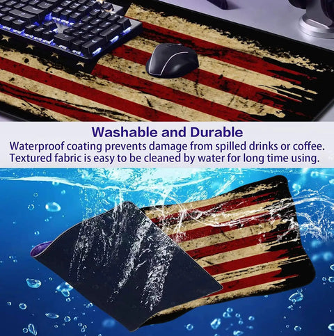 Large Extended Gaming Mouse Pad With Stitched Edges And Non Slip Waterproof Rubber Base For Office Computer Keyboard Laptop And Home Desk 35.4 X 15.7 X 0.12 Inch In Bold American Antique Flag Design showing waterproof feature