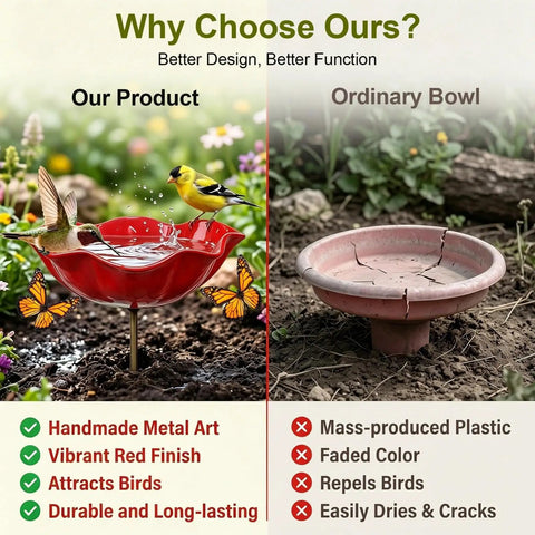 Comparison between Metal Flower Garden Stake With Bird Bath Bowl Outdoor Pollinator Watering Station and ordinary bowl.