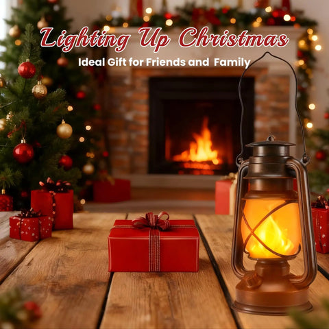 Two Pack Battery Powered LED Bronze Vintage Lanterns With Remote Control and gifts by a fireplace, Christmas decor