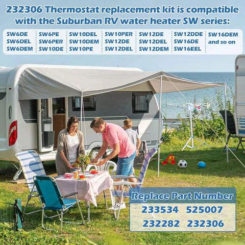 RV with awning, chairs, table, text about RV Water Heater Thermostat Limit Switch Kit 12V and 120V T Stat for Suburban SW Series