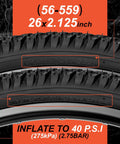 Close-up of Two Pack 26x2.125 Mountain Bike Tires Folding Replacement Set with PSI rating for rugged off-road rides.