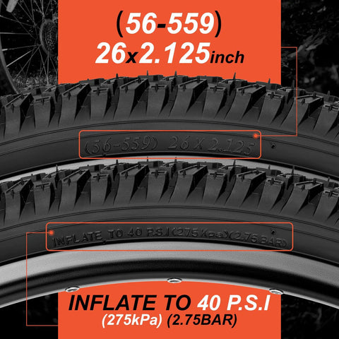 Close-up of Two Pack 26x2.125 Mountain Bike Tires Folding Replacement Set with PSI rating for rugged off-road rides.