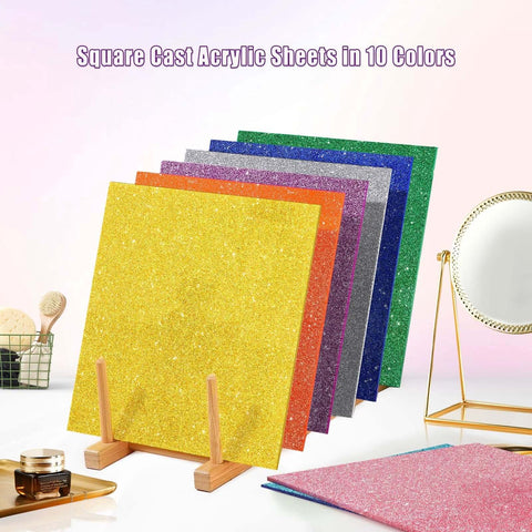 Amazon Adrattnay glitter acrylic sheets, 10 pcs, 8x8 in, 3 mm thick, assorted colors, front view