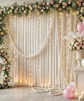 100 Piece Pearl Ball Garland Kit 2.2 Inch Pearlescent White Quick Link Bead Chains For Wall Arches Party Decor Birthday Wedding Anniversary Graduation Easy DIY Friendly Setup With Elastic Thread And Needle on floral backdrop
