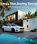 Rock Solid Level 1 And 2 EV Charger Featuring 16 Amp 3.5 Kw Quick Charge, mounted on wall charging a car in a modern driveway.