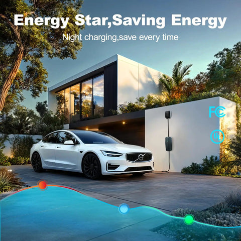 Rock Solid Level 1 And 2 EV Charger Featuring 16 Amp 3.5 Kw Quick Charge, mounted on wall charging a car in a modern driveway.