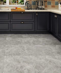 Gray kitchen with 32 Pack Peel And Stick Floor Tiles In Gray Marble Look Vinyl 12x12 Inch Waterproof Flooring For Kitchen Bedroom Bathroom Living Areas Easy Install And Removable For Quick DIY Renovation.
