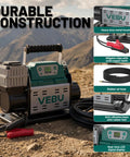 Heavy Duty 12V Rv Air Compressor And Tire Inflator With Auto Shut Off displayed on rocky terrain, featuring a digital display.