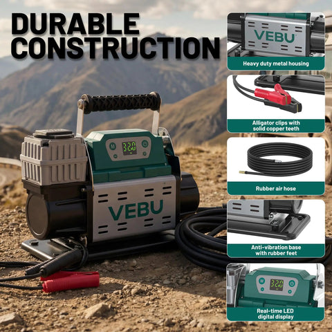 Heavy Duty 12V Rv Air Compressor And Tire Inflator With Auto Shut Off displayed on rocky terrain, featuring a digital display.