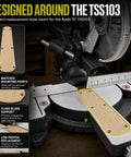 Heavy Duty Zero Clearance Miter Saw Insert For Ryobi 10 Inch Tss103 mounted on saw with close blade support and matched mounting points.