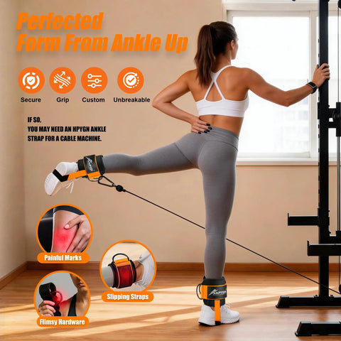 Woman using Heavy Duty Padded Ankle Strap for Cable Machines With Extra Adjustable Strap for Secure Fit during leg workout.