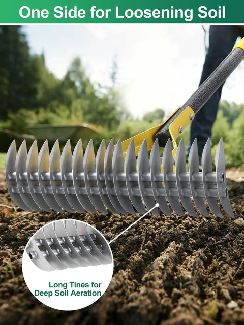 Close-up of 2-In-1 Dethatching Rake For Lawns With Adjustable Head And 55-Inch Heavy-Duty Metal Construction loosening soil
