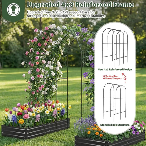 Galvanized Raised Garden Bed With Trellis, 6 By 3 By 1 Ft, Two Pack Outdoor Garden Beds, 4 By 3 Support, black trellis with flowers.