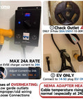 NEMA 10-30P To 14-50R EV Charger Adapter For Tesla Models 3 Y S X Delivers 24 Amp From A Three Prong Dryer Socket Not An Extension Cord Protrudes About Four Inches From Wall For Temporary Home Charging connected to electrical outlets.