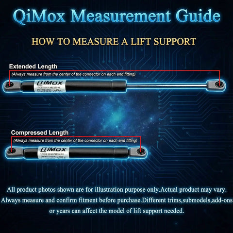 QiMox measurement guide for lift supports showing extended and compressed lengths with instructions.