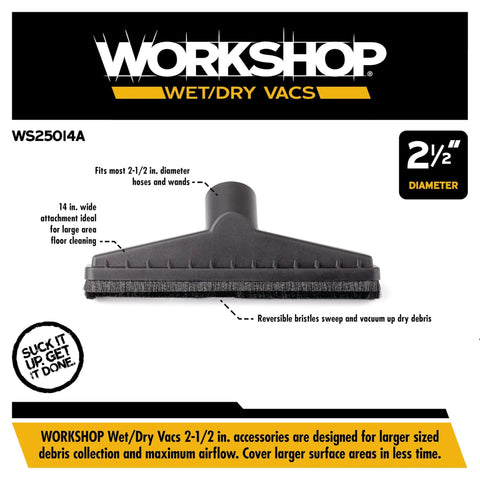 Floor Brush Attachment For Wet Dry Vacuums And Shop Vacuum Cleaners Heavy Duty Floor Brush For Big Area Cleaning Ideal Vacuum Accessory For Dust And Debris Fits Two And A Half Inch Hoses And Extension Wands, 14-inch wide, rubber bristles