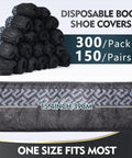 Image of 300 Pack Disposable Shoe Covers Non Slip Heavy Duty Black Booties with design dimensions, suitable for contractors.