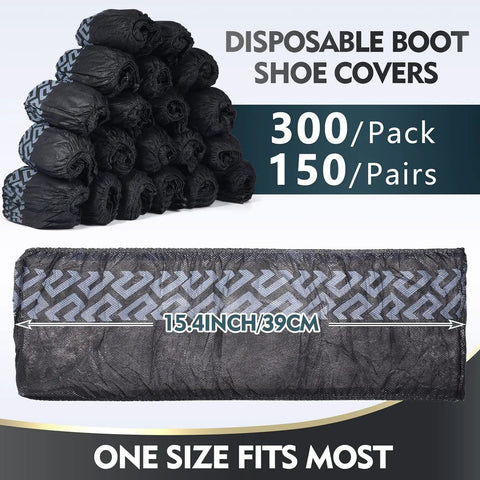 Image of 300 Pack Disposable Shoe Covers Non Slip Heavy Duty Black Booties with design dimensions, suitable for contractors.