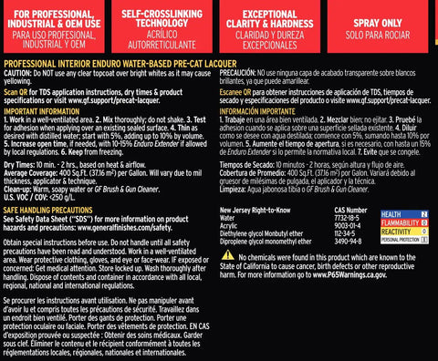 Instructions on a can of Enduro Pre Cat Lacquer Semi Gloss Water Based Interior Finish, 1 Gallon, Dries Clear and Amber Free.