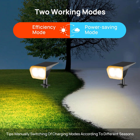 Outdoor Solar Spot Lights 12 LED IP67 Waterproof Dusk To Dawn Landscape Spotlights with two working modes shown in garden scene
